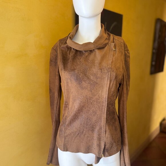 BNCI by Blanc Noir Faux Suede Distressed Moto Jacket with Asymmetrical Collar – - Picture 1 of 13